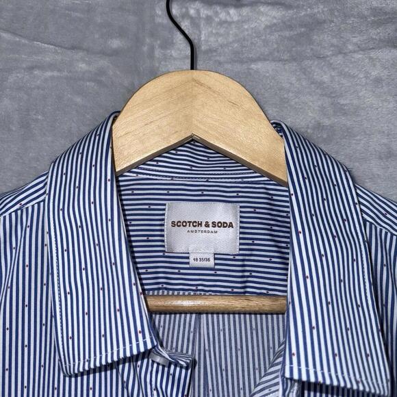 Scotch & Soda Men Blue Stripe Stretch Dress Shirt Size 18 35/36 Red Dots Casual - Picture 4 of 10